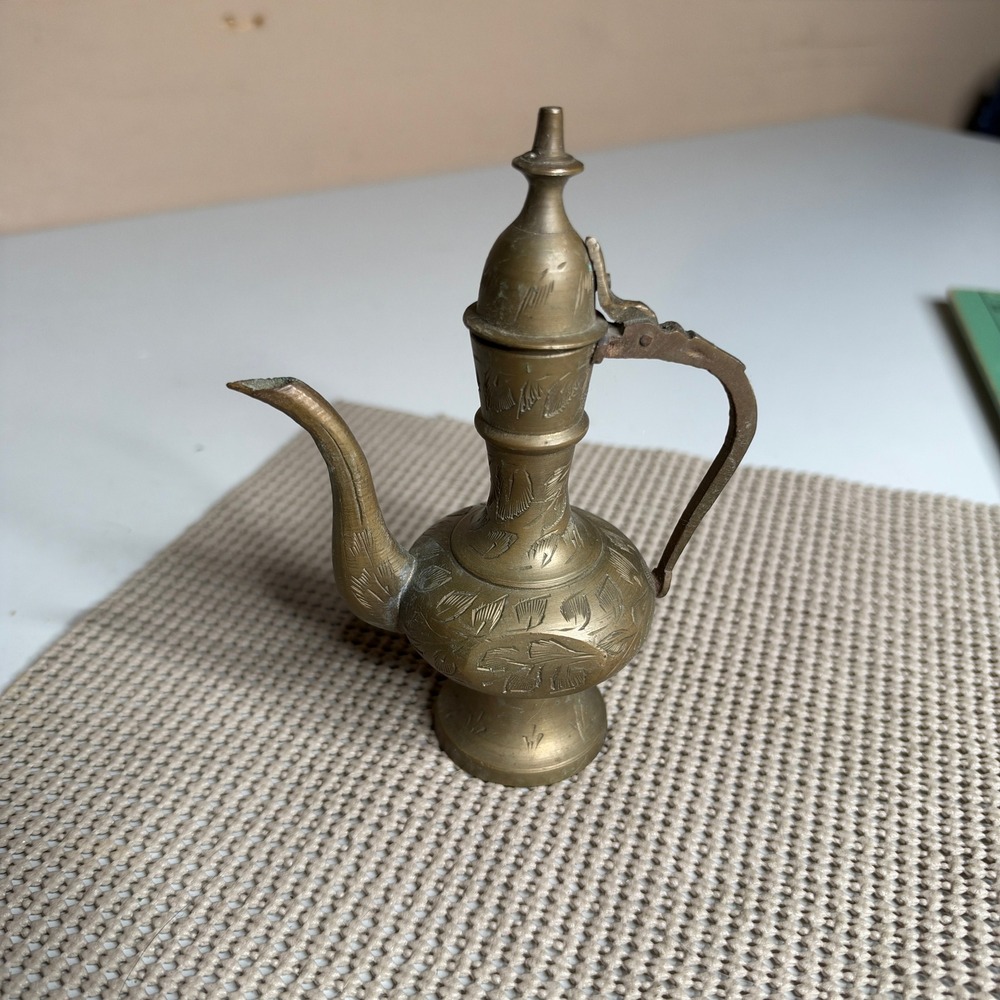 Vintage Miniature Etched Brass Dallah Coffee Pot Middle Eastern Decor 5 Inch